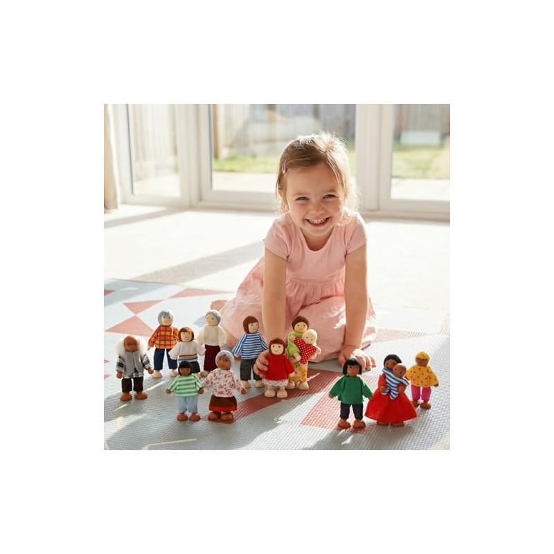 14 Pcs Wooden Dollhouse People Family Set with Movable Limbs,
