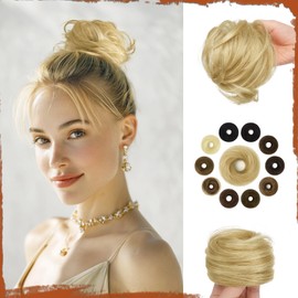 SOFEIYAN Human Hair Bun 100% Real Human Hair 16g Messy Bun Natural Tousled Stretchy Fluffy Donut Updo Elegant Chignon Fake Bun Hair Piece for Women - Light Golden Blond Mixed Platinum Blonde