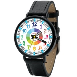 Kiddus Learning Watch for Kids Boys and Girls Analogue Watch with Exercises to Learn the Time Designed in Barcelona, 07 handles labelled PU leather black, stripes