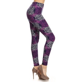 Leggings Depot High Waisted Floral & Space Print Leggings for Women-Full Length-R597, Purple Elegance, 3X5X