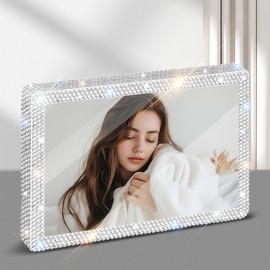 GUFONKOD 5x7 Bling Acrylic Picture Frame for Desktop Display，Freestanding Clear Photo Frame with Glitter Rhinestones，Double Sided Magnetic Transparent Square Picture Frame 5x7 on One Side, 4X6 on The Other (5"x7" silver - 1 Pack)