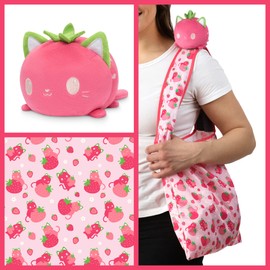 TeeTurtle - Plushie Tote Bag - Strawberry Cats - From the creators of the Original Reversible Octopus Plushie - Take Your Plush Pal Wherever You Go!
