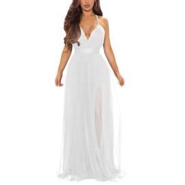 XXTAXN Women's Sexy Deep V Neck Split Cocktail Party Formal Bridesmaid Maxi Dress White