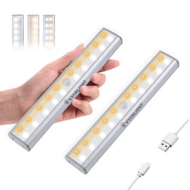 VYANLIGHT Motion Activated LED Lights - 20 LEDs, 3-Color Mode, Rechargeable Battery, Stick-On Magnetic Night Light Bar for Closet, Hallway, Stairway - Dimmable Wireless Lights, 2 Pack