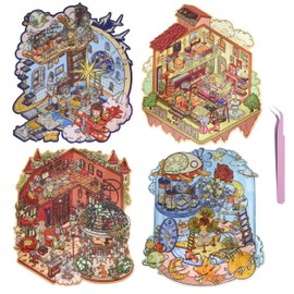 KEKEMEOW 4 Set DIY 3D House Stickers Make Your Own Home, Miniature Room Scene Cartoon Stickers for Adult Pass The Time Relief Stress Gifts Crafts(JF1.5)