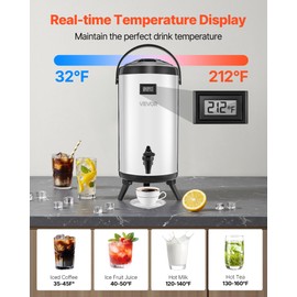 VEVOR Insulated Beverage Dispenser, 2.4 Gal/9.2L Stainless Steel Thermal Drink Server with Spigot & Temp Display, Suitable for Hot and Cold Drinks, for Tea Coffee Water in Cafes & Restaurants, Silver