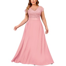 Miusol Women's Plus Size Cap Sleeve V Neck Floral Lace Ruffle Elegant Bridesmaid Evening Maxi Dress Pink