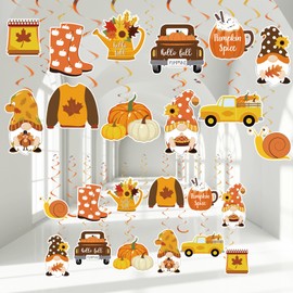 JarThenaAMCS 48Pcs Fall Hanging Swirl Decoration Kit Autumn Pumpkin Gnome Truck Hanging Streamers Ceiling Spiral with Cutout Cardboard Ornament for Thanksgiving Classroom