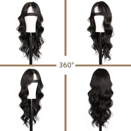 XIXISNOW 27.5'' Long Black Wavy Wig 13 x 4 T Part Lace Hand-Tied Hairline Hair Synthetic Wig Heat Resistant Womens Wigs with Adjustable Breathable Net Realistic Natural Looking Wigs for Black Women