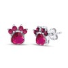 Heart & Round Cut Simulated Ruby Paw Print Stud Earrings