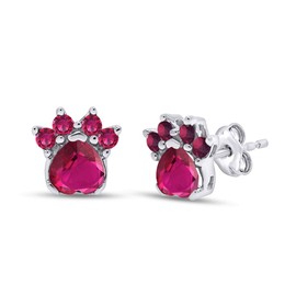 Heart & Round Cut Simulated Ruby Paw Print Stud Earrings Jewelry For Women In 14k White Gold Over Sterling Silver With Push Back