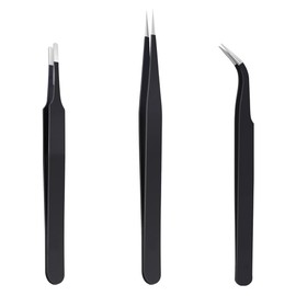 3Pcs Lash Tweezers, Stainless Steel Eyelash Extension Tweezers Straight and Curved Tip Eyelash Tweezers (Black)