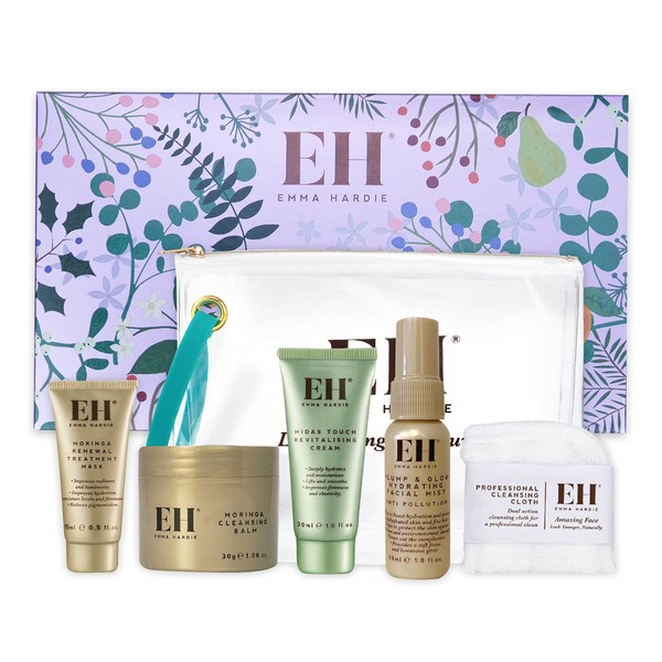 Emma Hardie Midas Touch Holiday Gift Set with Moringa Cleansing Balm, Reusable Cleansing Cloths, Midas Touch Revitalizing Cream, Plump & Glow Facial Mist and Moringa Renewal Treatment Mask, With Cosmetic Bag, Travel Size