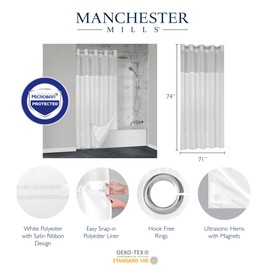 Manchester Mills Protect360° Satin White Ribbon Hook Free Shower Curtain - Microban Product Protection, Water Repellent, Snap-On Liner, Hems with Magnets, 72"X72", White
