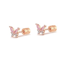 LIAYA Butterfly Earrings for Girls Women, 925 Sterling Silver Hypoallergenic Cute Tiny Butterfly Screw Stud Earrings, 18K Gold Plated Mini Animal Earrings Jewelry Lovely Gifts for Kids & Little Girls (Rose gold)