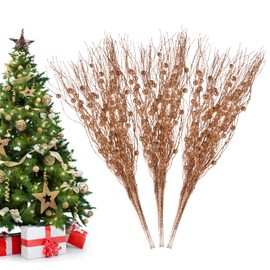 Losris Christmas Artificial Glitter Berry Stem Decorations Decorative Bead Sticks Xmas Picks Glittery Twigs Branches for Christmas Tree Wreath Gift Vase Decor Party Ornaments Rose Gold 24 PCS