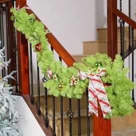 Solsew Bright Green Whimsical Christmas Garland Holiday Garlands Indoor Outdoor Christmas Greenery Garland Decoration for Stairs Fireplace Railing Mantel Front Door Porch Decor(Not Include Ball)