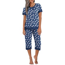 Ekouaer Women's Pajama Sets Short Sleeve Sleepwear Round Neck Pj Loungewear Top and Capri Pants with Pockets