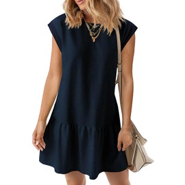 BLENCOT Tshirt Dress Women Spring Short Sleeve Round Neck Casual Loose Fit Smocked Hem Cute Juniors Trendy Summer Outfit Tiered Mini Dress X-Large Navy Blue