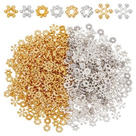 CRAFTYMELODY 500Pcs 8 Styles Alloy Tibetan Flower Spacer Beads Set Snowflake Daisy Spacer Metal Rondelle Loose Beads Flat Bead Caps for Bracelet Necklace Earring Jewelry Making Supplies