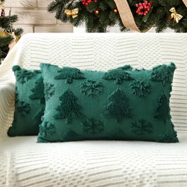 4TH Emotion Christmas Snowflake Tree Decorative Lumbar Pillow Covers 12x20 Set of 2, Green Soft Plush Faux Fur Farmhouse Throw Cushion Cases for Xmas Winter Holiday Home Decorations