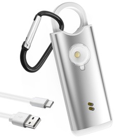 Qoosea Sicherheitsalarm Wiederaufladbar mit Karabiner - 135dB, Vibrationssensor, Stroboskop & Notfallknopf für Geschäftsreisende, Backpacker, Frauen, Männer(Silberweiß)