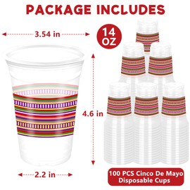 100 PCS Cinco De Mayo Cups, 14 OZ Mexican Plastic Cups, Disposable Fiesta Plastic Cup, Cinco De Mayo Decorations Fiesta Party Decorations Mexican Party Supplies