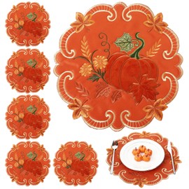 HunnmingRe 6 Pcs Thanksgiving Embroidered Pumpkin Velvet Placemats 14 Inch Autumn Harvest Table Mats Set Fall Double Layer Xmas Placemats for Holiday Party Home Dinning Kitchen Decorations