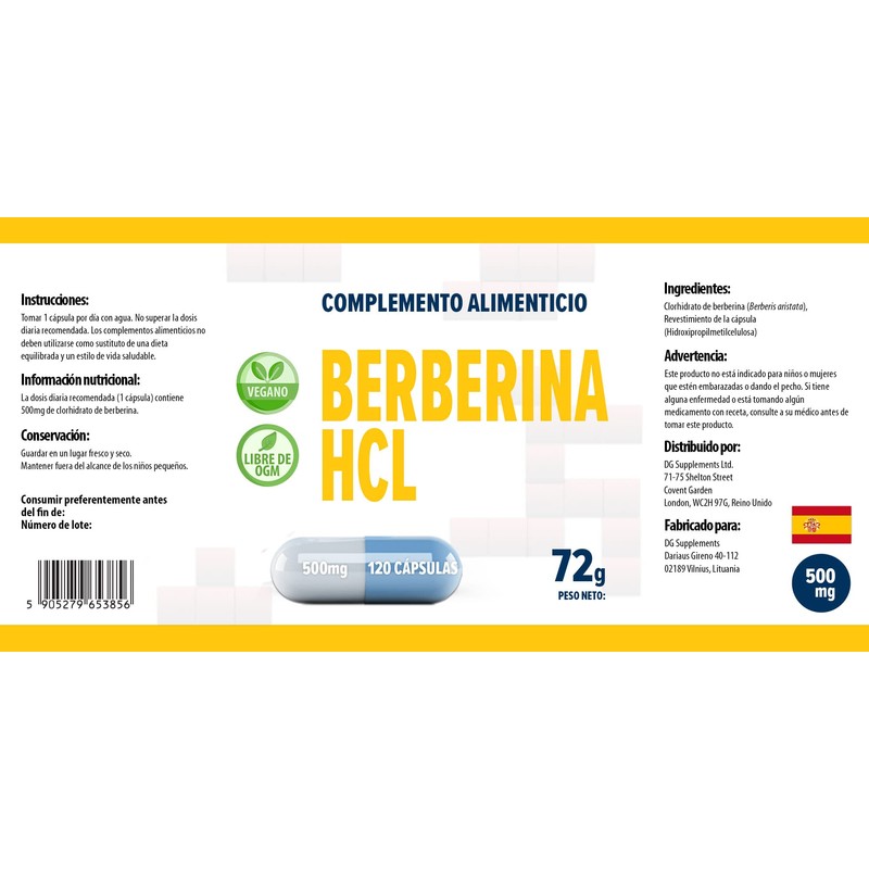 Berberine HCL 500 mg 120 Vegan Capsules, Laboratory Tested, High