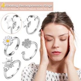 BUKEQILA Spinner Fidget Ring, Anti-Stress Mood Ring, 4 Pieces, Spinning Calm Ring, Adhs Ring, Rotating Daisy, Clover, Sun, Stars, Moon Ring, Anti-Stress Gifts for Men and Women, Steel