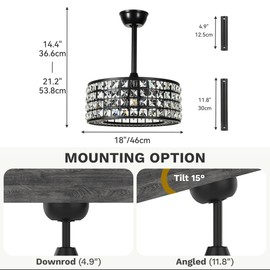 DWVO 18" Crystal Caged Ceiling Fans with Lights, Enclosed Modern Ceiling Fan with Remote Control Reversible Industrial Chandelier 3 Speeds, 3 Color Temperatures for Bedroom, Living Room, Dining Room
