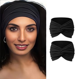 Yyyuluo Headbands for Women, Set of 2 - Extra Wide Turban Headwrap Made of Soft Fabric, Elastic Boho Hair Bands as Hair Accessories, Twist Knot Design for Women and Girls (Black, Pack of 2)