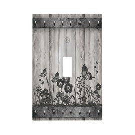 Lhdlnn Grey Barn Door Wood Light Switch Cover Decorative Rustic Farmhouse Gray Floral Butterfly Single Toggle Wall Plate 1 Gang Electrical Switchcover Faceplate for Bathroom Kitchen Bedroom 5" x 3"