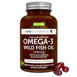 Pure  Essential Super Concentrated rTG Omega 3 1000mg, Wild Fish Oil 1000mg EPA DHA, 21 Ratio, Non-GMO, Astaxanthin 1mg, Lemon Flavor, 180 Capsules   