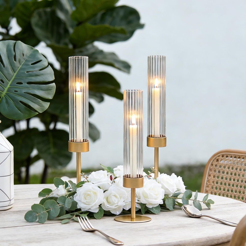 Glass Hurricane Candle Holders Set of 6,Brass Candlestick Holders,Taper Candlestick