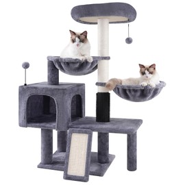 ROYPET Cat Tree with Cat Condo and Two Hammocks, Cat Tower with Scratching Posts and Scratching Pads, Grey