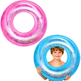 Inflatable Pool Floats, 2 Pack Swim Tubes Rings, Resistant Sparkly Confetti Tube Water Toys for Kids Lake Games Hawaiian Beach Summer Swimming Pool Party Favors Decorations, Pink and Blue