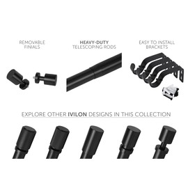 Ivilon Curtain Rods for Windows - Spaced End Cap, 1 inch Diameter, Telescoping Adjustable Curtain Rod, 72 to 144 Inches. Color Black