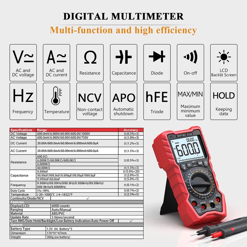 ZOYI ZT-980E Digital Multimeter, 6000 Counts, TRMS Multi Meters Electrical