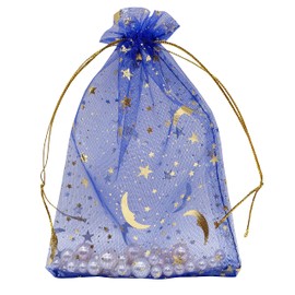 Jexila 100PCS Blue Organza Bags 4X6 Inch Small Drawstring Jewelry Gift Bag Moon Star for Wedding Baby Shower Party Favor Mesh Candy Bags (Blue)