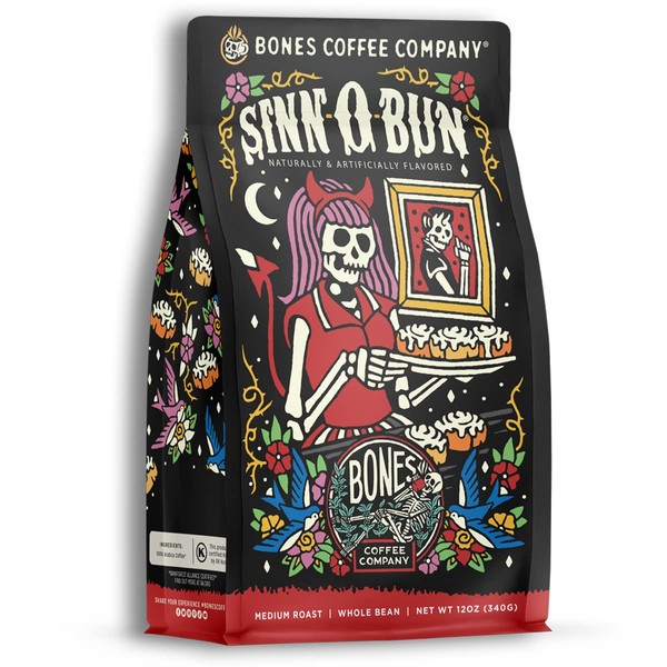 Bones Coffee Company Sinn 'O' Bun Ground Coffee Beans Cinnamon Roll Flavor | 12 oz Medium Roast Low Acid Coffee | Flavored Coffee Gifts & Beverages (Ground)