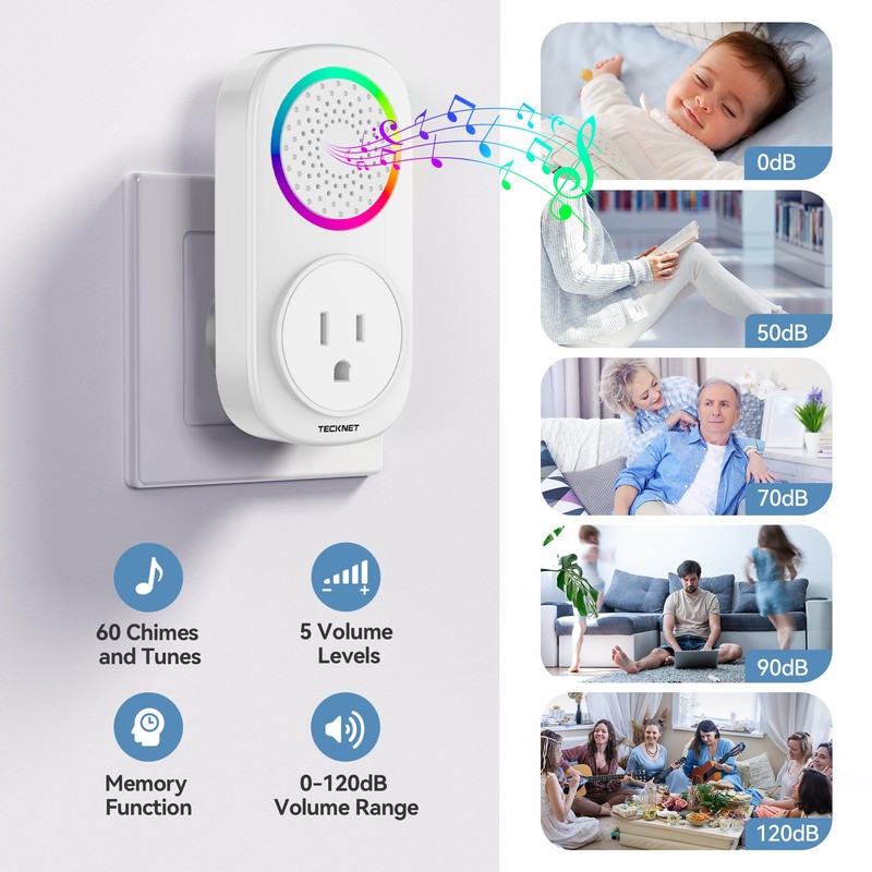TECKNET Self-Powered Wireless Doorbell Kit - Plug-Through Door Bell with