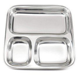 IndiaBigShop Stainless Steel Square Small Dinner Plate with 3 Sections Divided Mess Trays for Kids Lunch, Camping, Events & Every Day Use Kitchenware