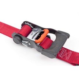 PowerTye 1.5in x 7ft Ergonomic Locking Ratchet Tie-Downs Made in USA with Heavy-Duty S-Hooks, Red (pair)