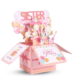 Sister Birthday Card, Pink 3D Birthday Card with Envelope, Unique Sister Birthday Gifts, Party Decoration Keepsake for Young