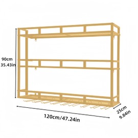 HFTUW Metal Wine Rack Wall Mounted, Wall Bar Shelves for Liquor Bottles with LED Light, 3 Tier Large Capacity Liquor Rack Wall Mounted with Glass Holder for Home Bar & Dining Room （Gold, 47in/120cm）