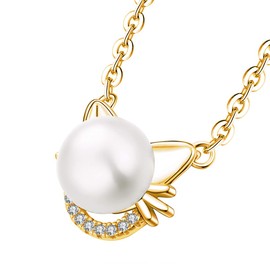Gold Necklace 925 Sterling Silver Cubic Zirconia 9mm Freshwater Pearl Cat Pendant Necklace,18-20"