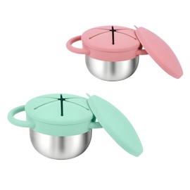 LUGEMO Toddler Snack Containers, Snack Cups for Toddlers Spill Proof, Stainless Steel Snack Containers for Baby,Kids - 2 Pack Snack Catcher Cup with Lid (Pink&Green)