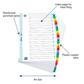 Oxford A4 A-Z Indices with Coloured Plastic Coated Tabs, Multi-Colour
