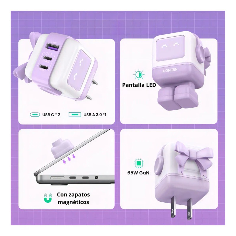 Cargador Ugreen Nexode Robot Gan Fast Charger 65w Purple Color